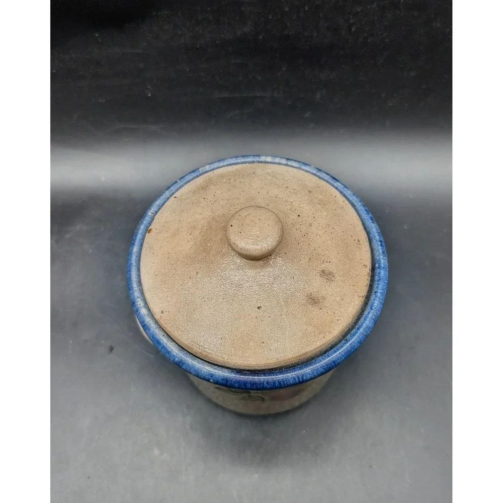 Vintage Rustic Monroe Salt Works Pottery Lidded Crock Apple Motif Blue Rim 5